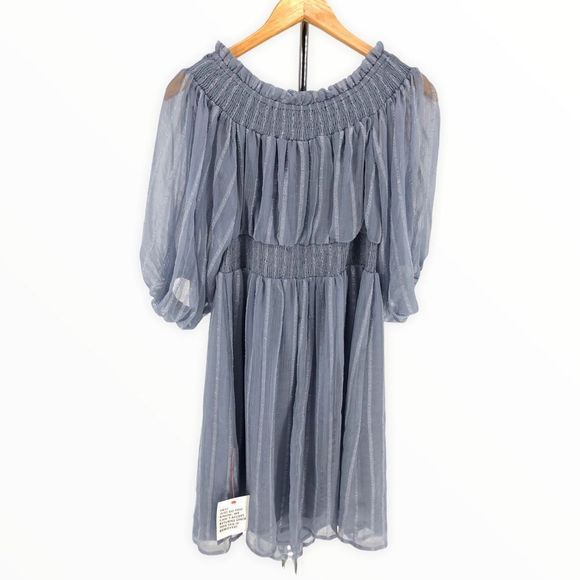 ASOS Maternity Off Shoulder Blue Stripe Mini Dress with Sheer Blouson Sleeve - Picture 11 of 14